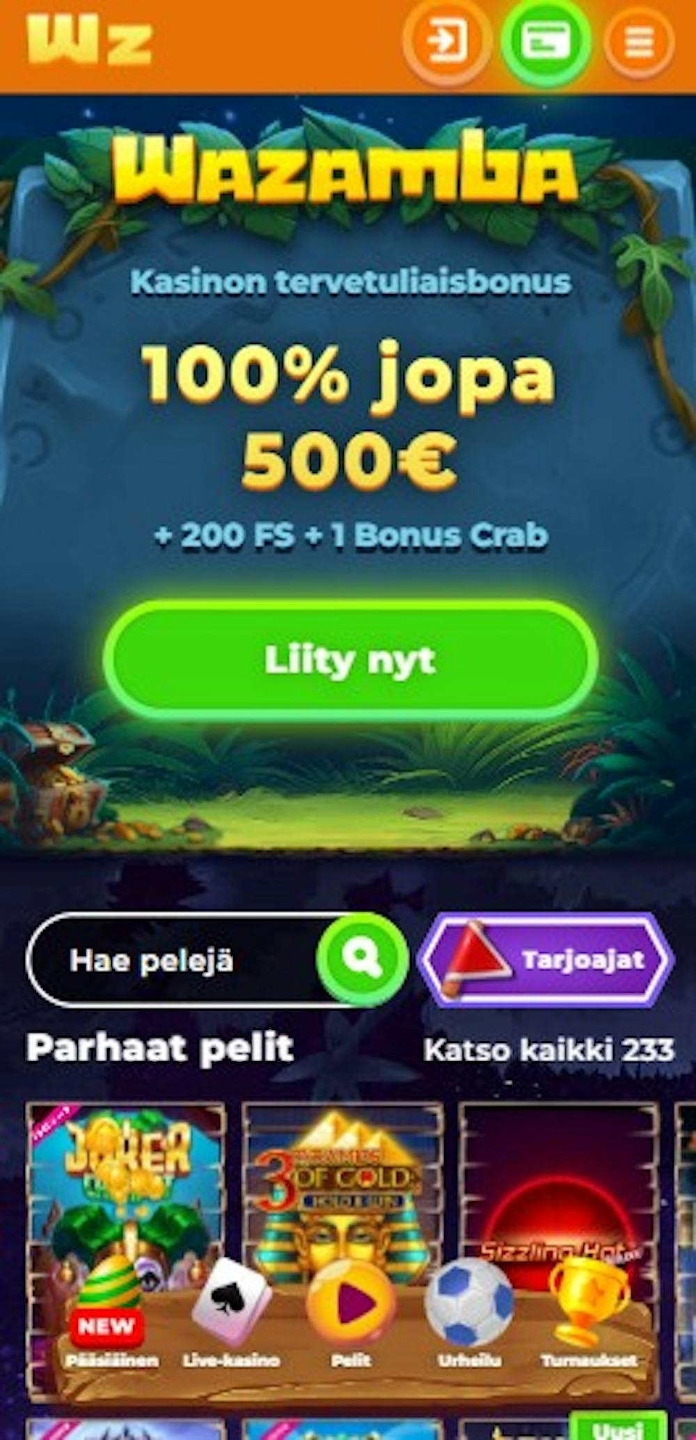 Wazamba kasinon tervetuliaistarjous on 100 % bonus jopa 500 euroon.