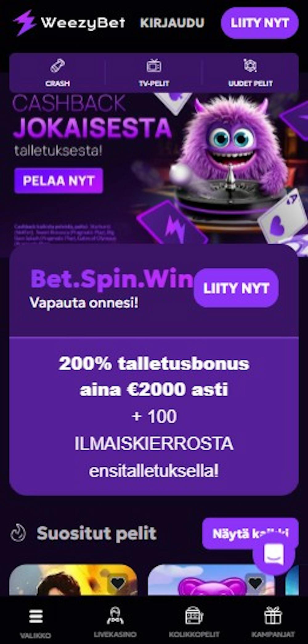 Weezybet Casinon tervetuliaistarjous on 200 % bonus 2000 euroon.