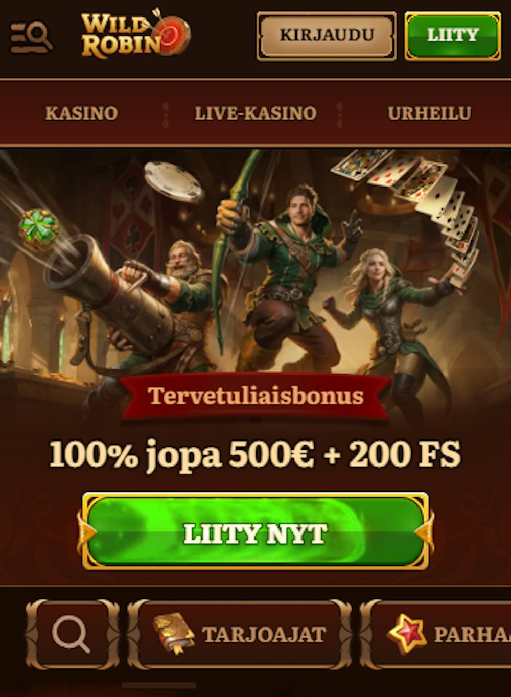 Wild Robin Casinon tervetuliaistarjous on 100 % käteisbonus 500 euroon ja 200 ilmaispyöräytystä.