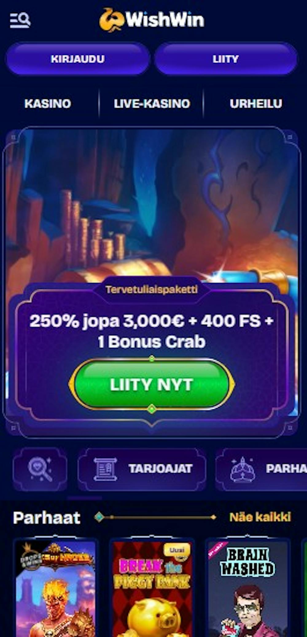 WishWin Casinon tervetuliaisbonus on 250% bonus jopa 3000 euroon sekä ilmaiskierroksia ja bonus crab.