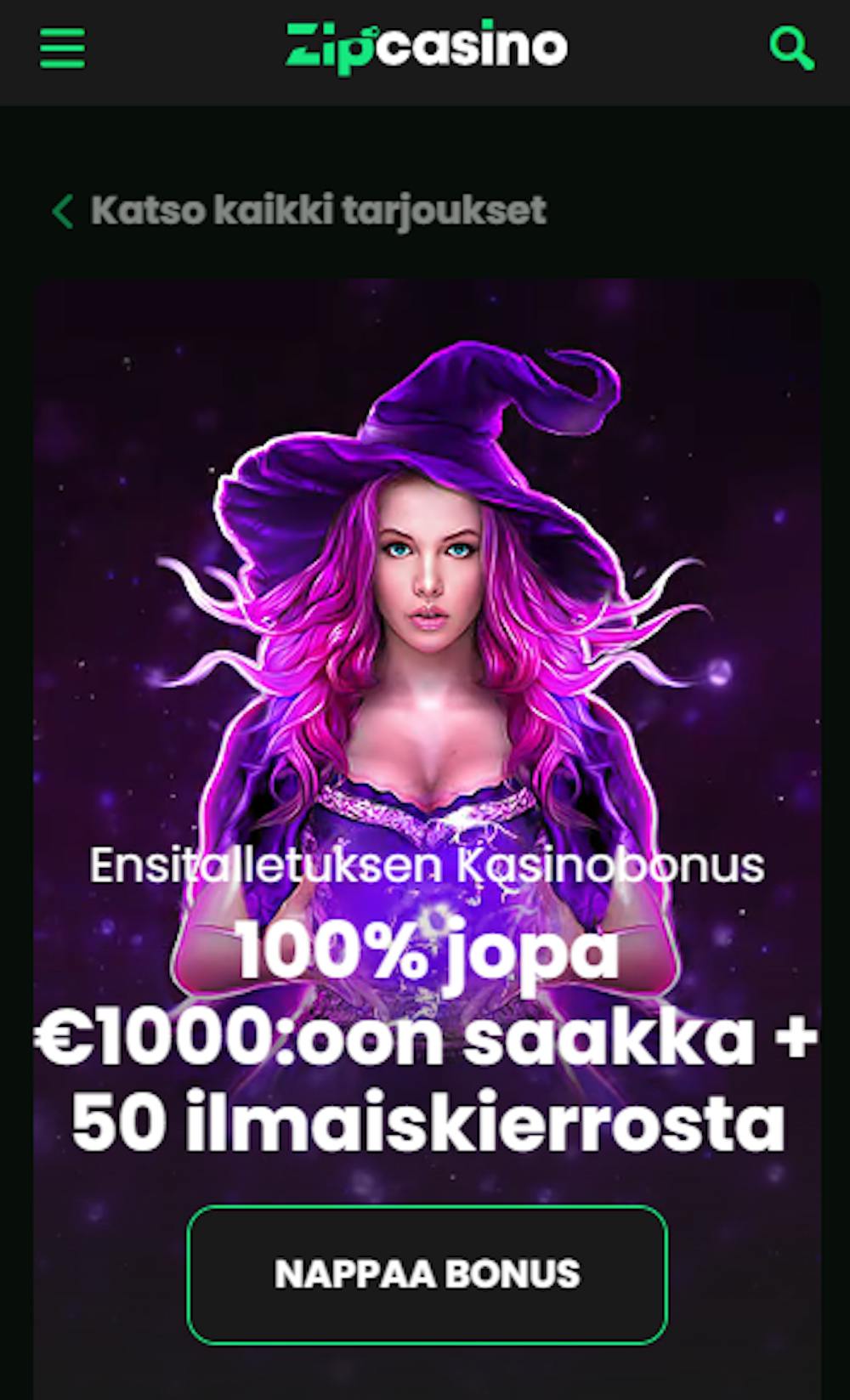 Zipcasinon tervetuliaistarjous on 100 % bonus 1000 euroon ja 50 ilmaispyöräytystä.