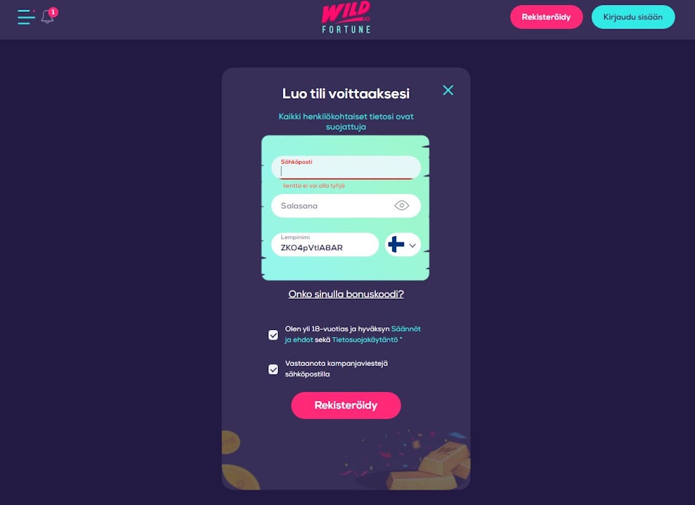 Wild Fortune Casinolle rekisteröityminen