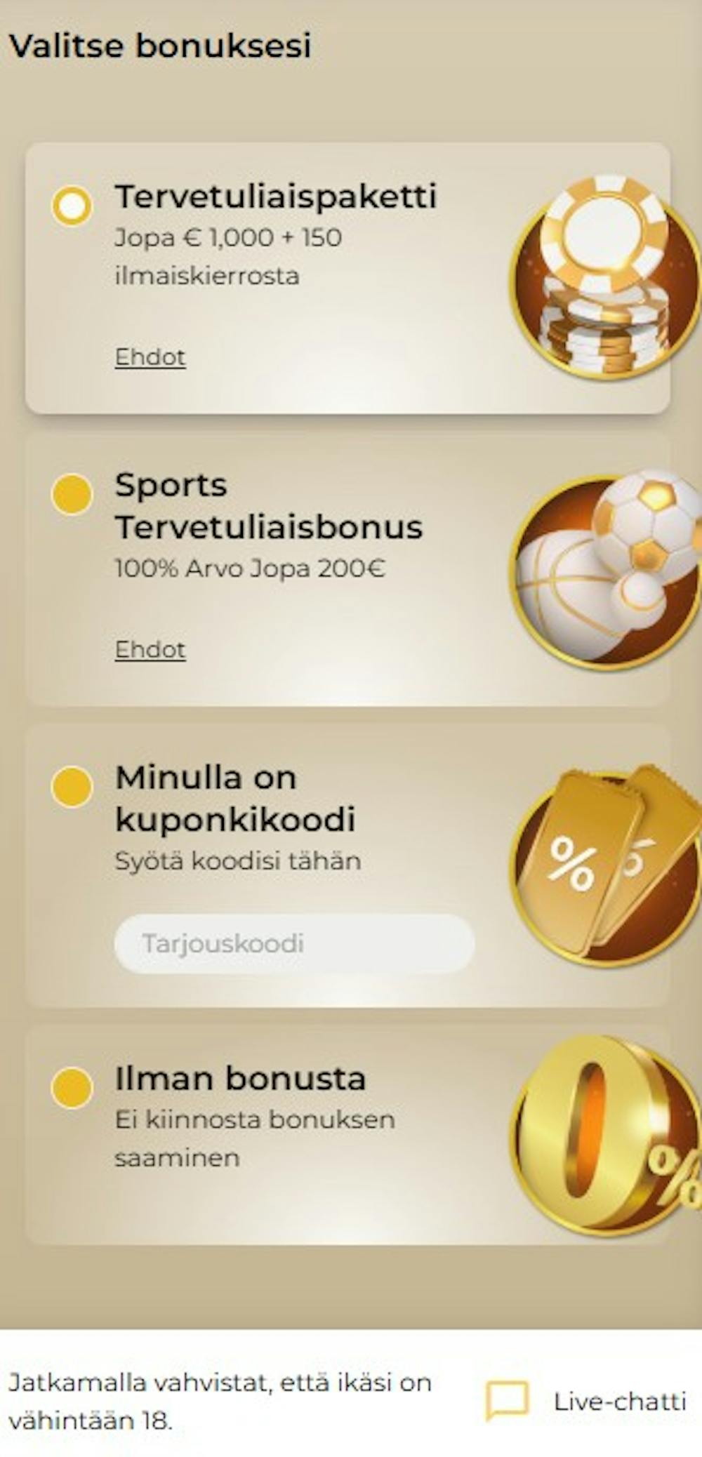 WinMega kasinolle pelitiliä avaava valitsee ensin mieleisen bonuksen.