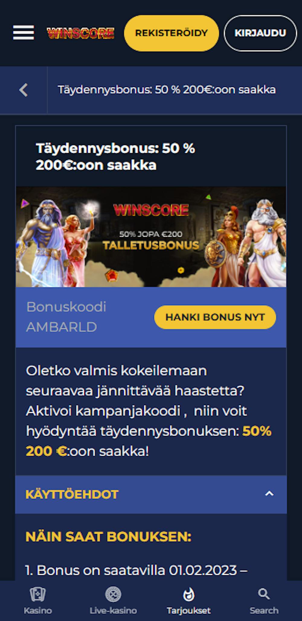 Winscore kasinon tervetuliaisbonus