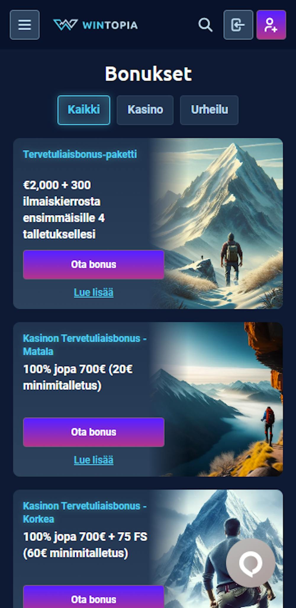 Wintopia nettikasinon tervetuliaisbonuksia