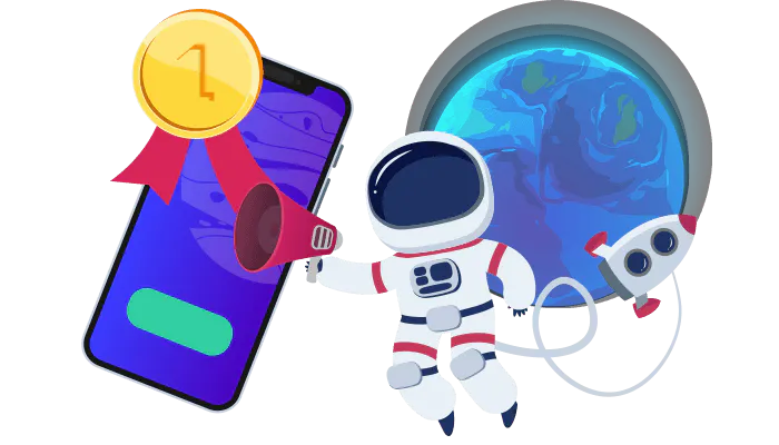 Astronautti avaruudessa kännykän ja kultamitalin kanssa