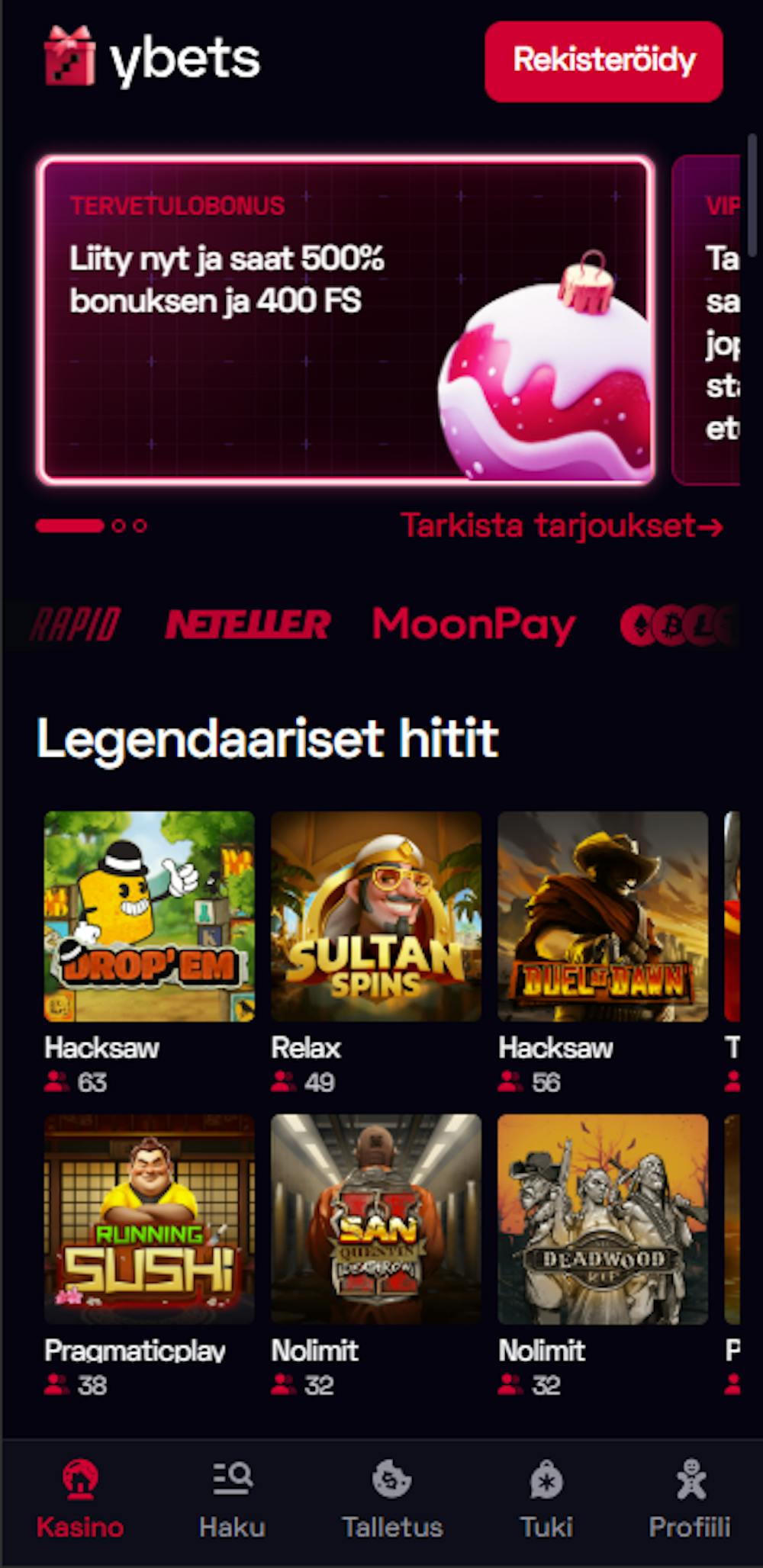 Ybets kasinon pelivalikoimaa.