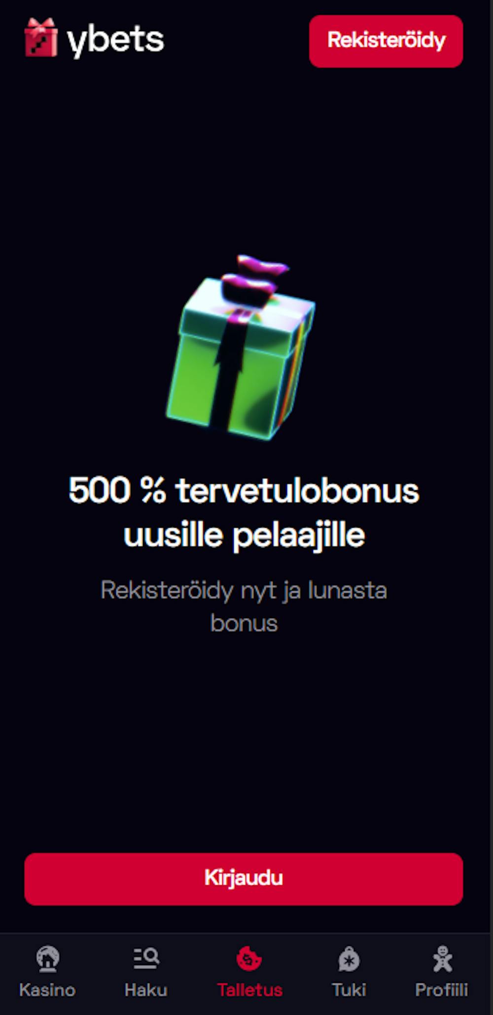 Ybets kasinon tervetuliaistarjous on jopa 500 % bonus.